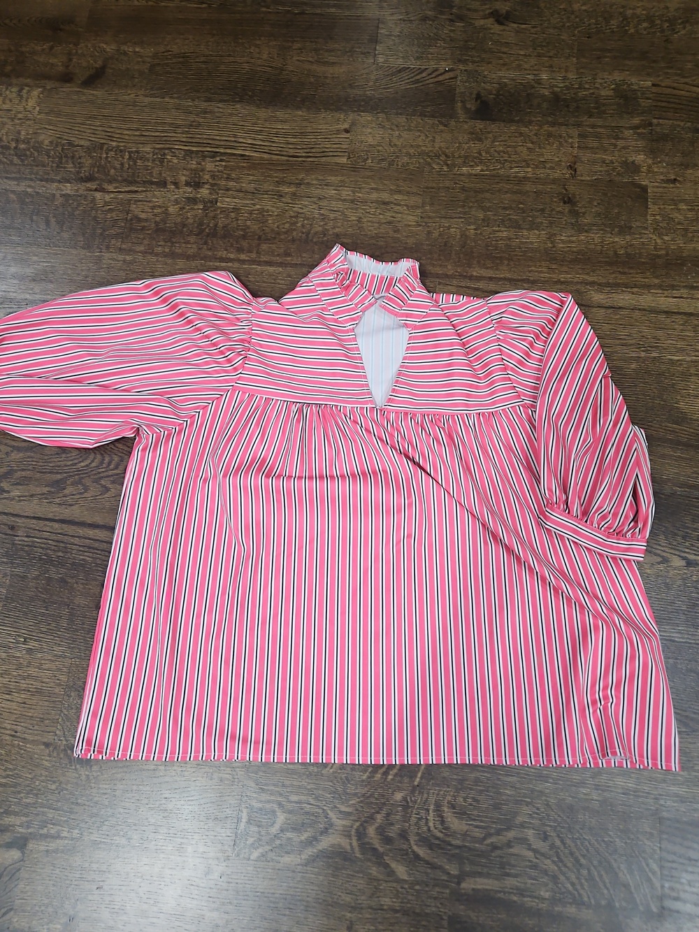 Pink and White Striped Keyhole Ruffle Neck Blouse--SHIPS NEXT DAY